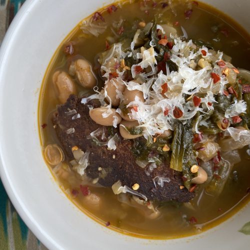 Vegan Escarole and White Bean Soup w/ Vegan Bacon